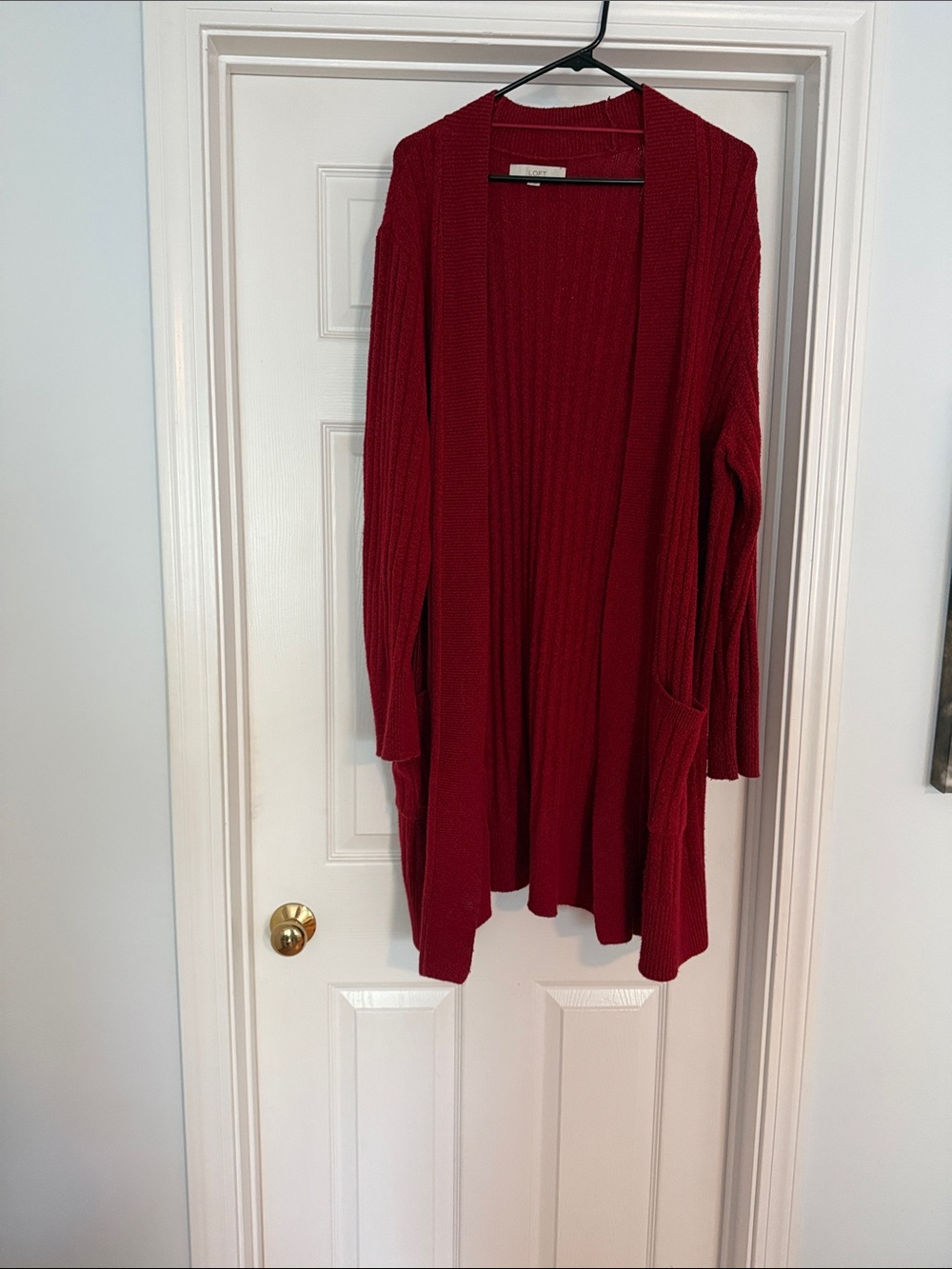 LOFT Deep Red Open-Front Ribbed Cardigan